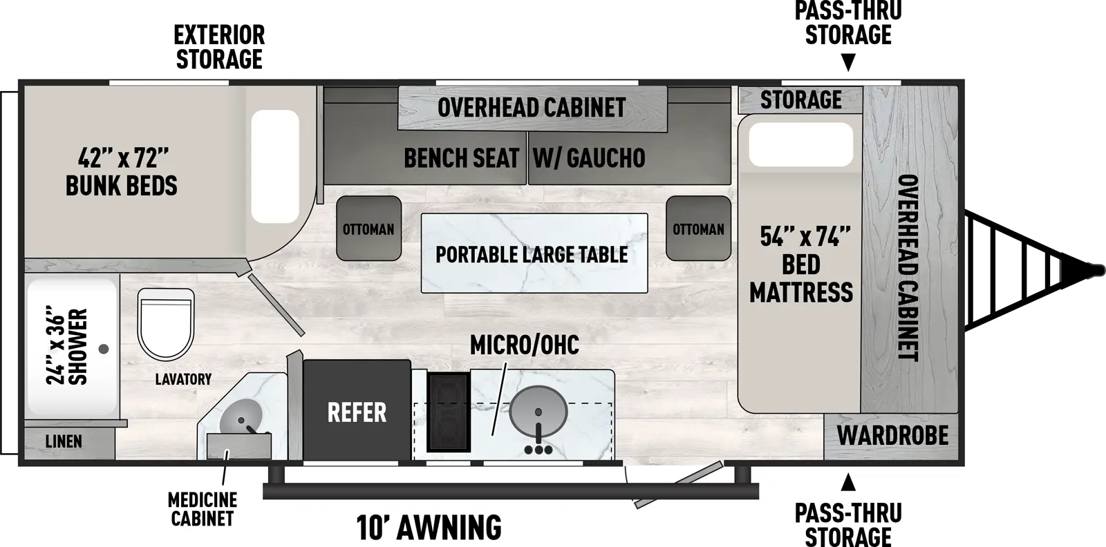 The Clipper Travel Trailers 18BH floorplan has one entry and zero slide outs. Exterior features include: metal exterior and 10' awning. Interiors features include: bunk beds and front bedroom.